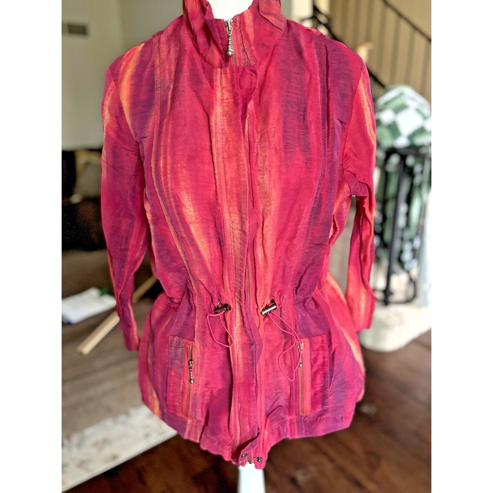 Chicos Top Womans L 3 Pink Swirl Print Button Tab Sleeve‎ Art to Wear Linen